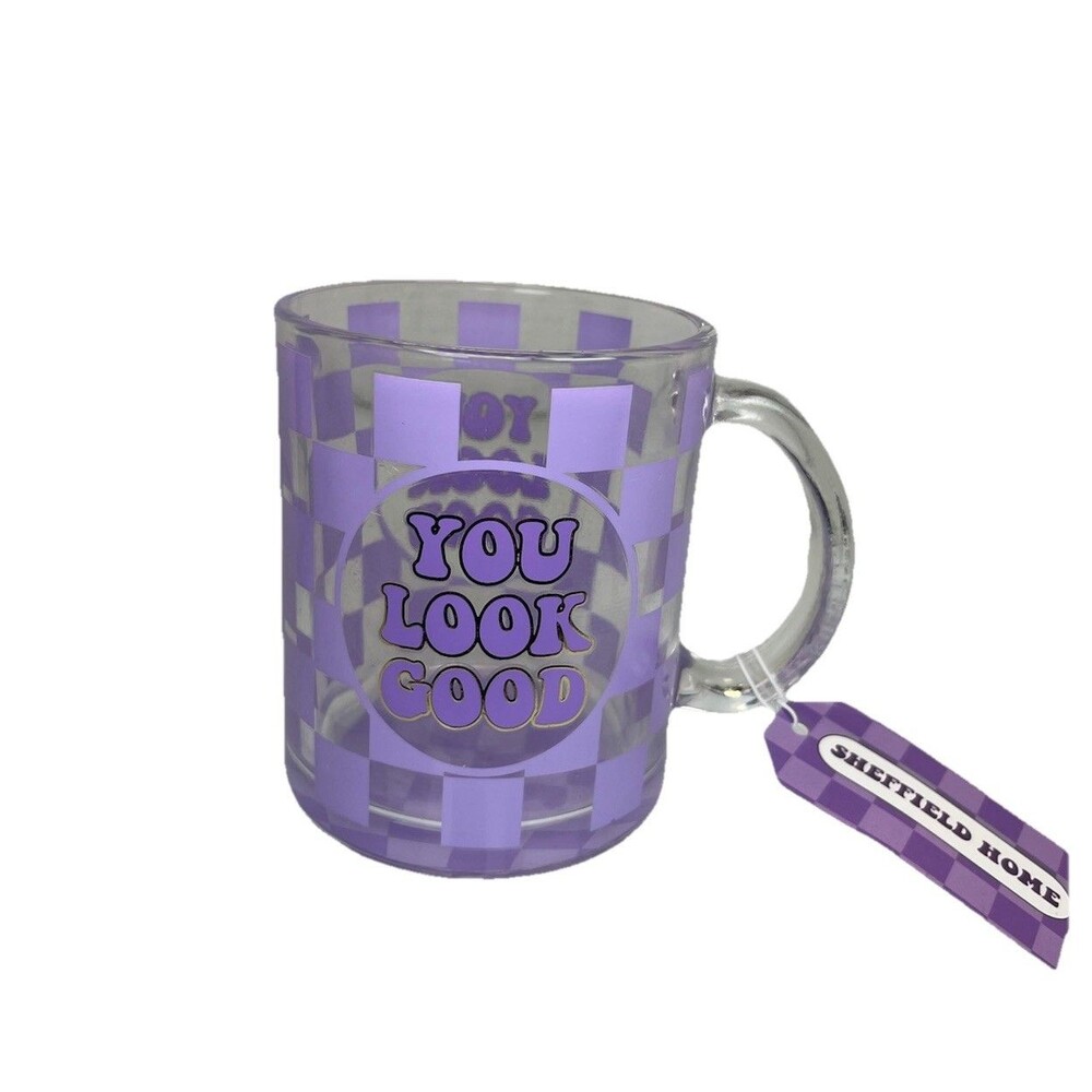 Sheffield Home Retro Style Purple Glass Checkers Coffee Mug You Look Good NWT